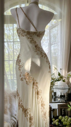 Ivory/Green Vintage Fashion One Shoulder Exquisite Beaded Long Chiffon Ball Gowns Birthday Prom Dresses Cocktail Prom Dresses Prom Dresses Prom Dresses