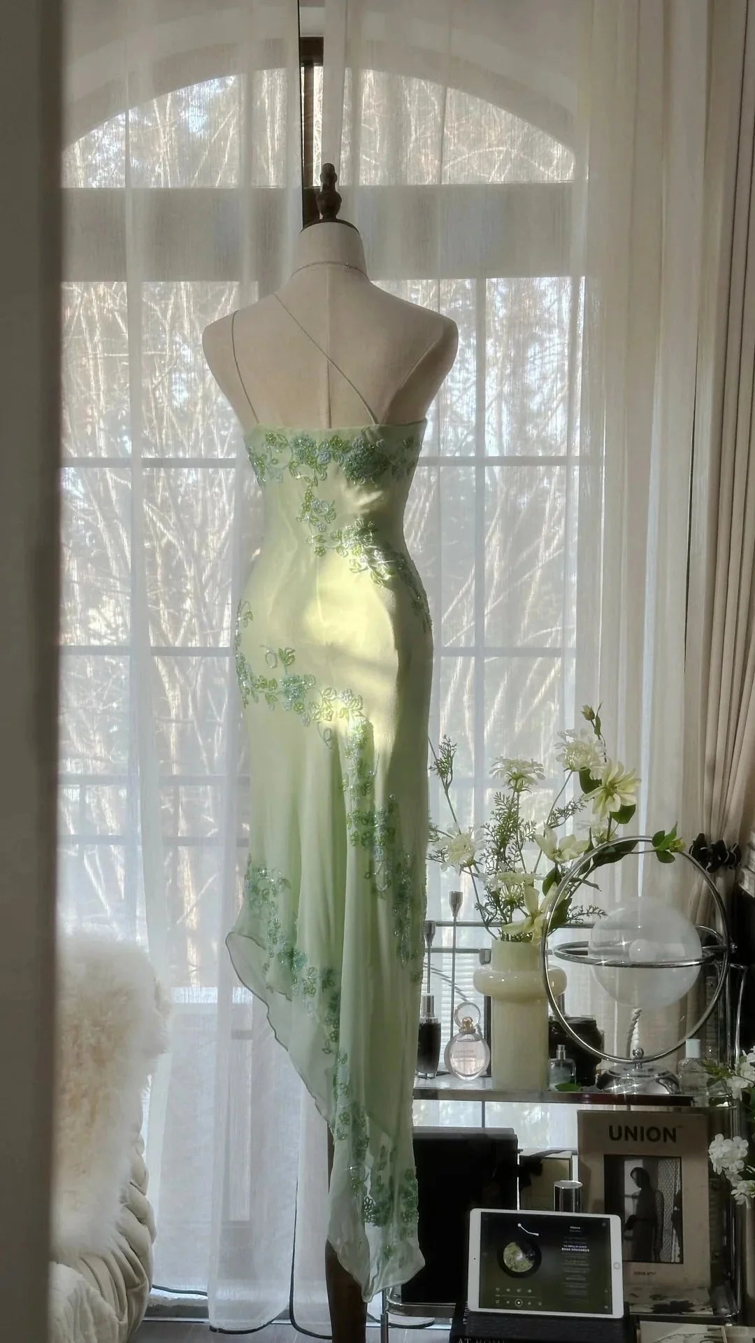 Ivory/Green Vintage Fashion One Shoulder Exquisite Beaded Long Chiffon Ball Gowns Birthday Prom Dresses Cocktail Prom Dresses Prom Dresses Prom Dresses