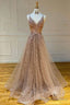 Sparkly Spaghetti Straps V Neck Lace Appliques Prom Dresses, Long Prom Dresses