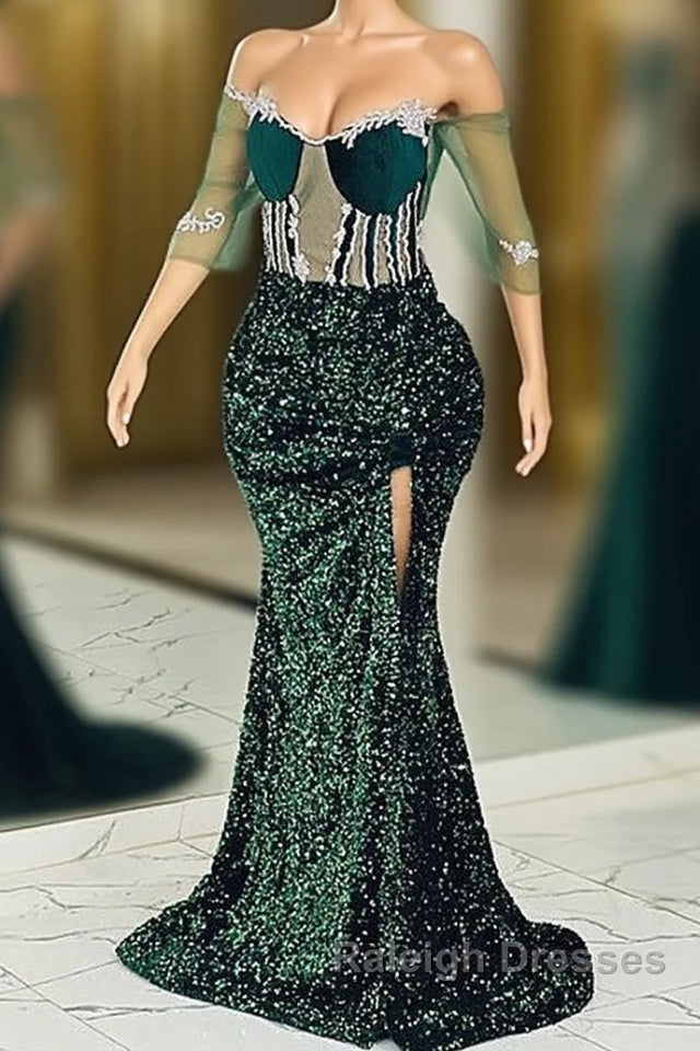 Jewel Mermaid Lace Applique Sequined Floor-length Half Sleeves High Split Prom Dress