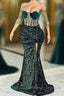 Jewel Mermaid Lace Applique Sequined Floor-length Half Sleeves High Split Prom Dress