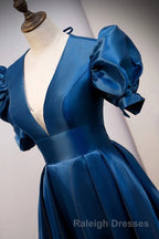 Blue V Neck Satin Short Sleeves Prom Dresses Long Blue Satin Prom Dresses