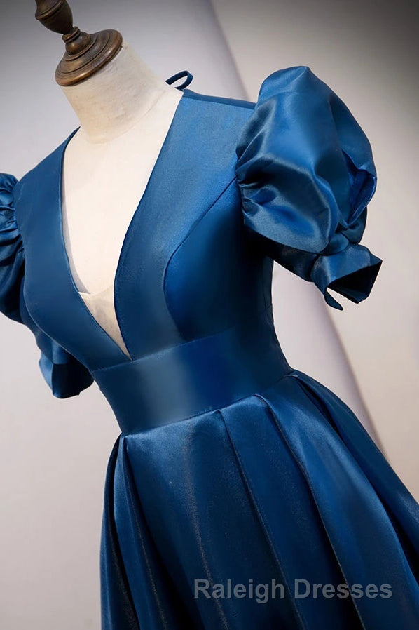 Blue V Neck Satin Short Sleeves Prom Dresses Long Blue Satin Prom Dresses