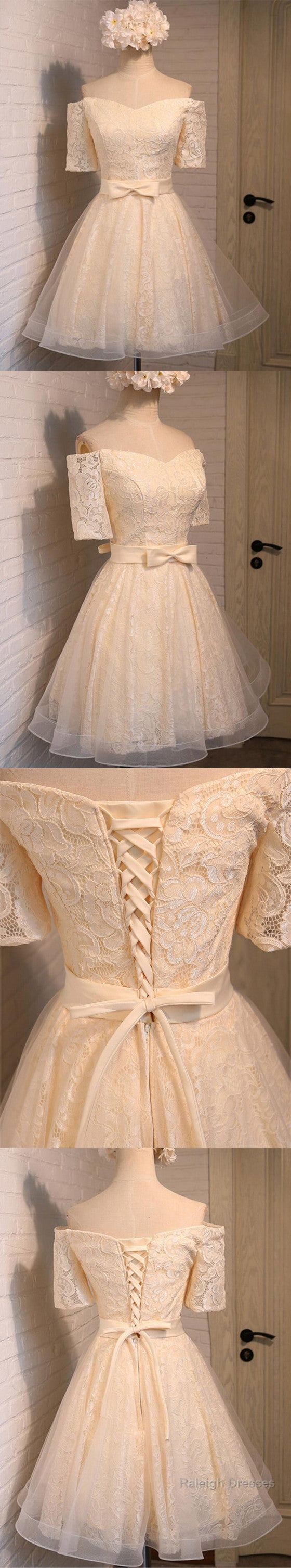 Junior Off Shoulder Half Sleeve Sweetheart Lace Up Back Organza Full Lace Knee Length Homecoming Dresses Secondary image