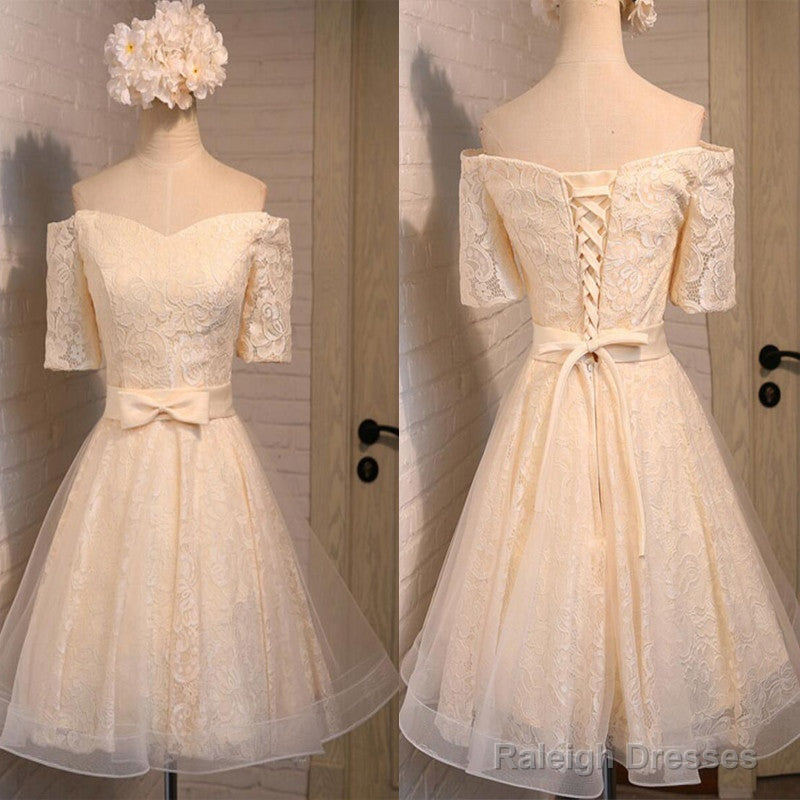 Junior Off Shoulder Half Sleeve Sweetheart Lace Up Back Organza Full Lace Knee Length Homecoming Dress Main image