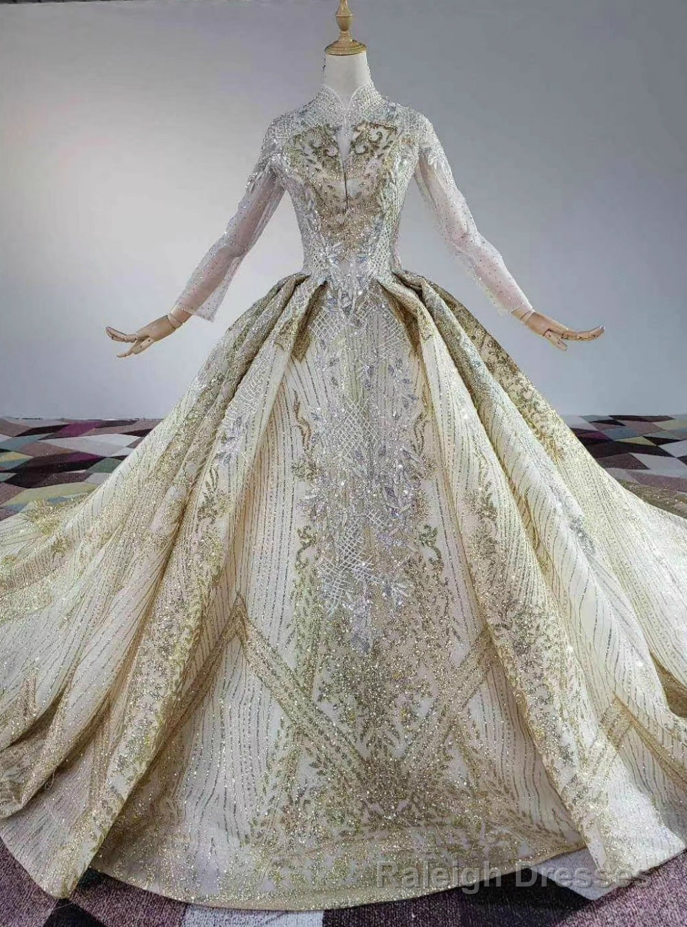 Just Be The One For You Gold Ball Gown Sequins High Neck Long Sleeve Backless Wedding Dress Main image