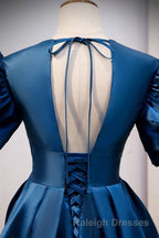 Blue V Neck Satin Short Sleeves Prom Dresses Long Blue Satin Prom Dresses