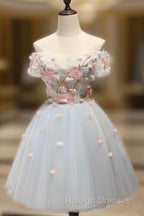 Knee-Length Light Blue Tulle Homecoming Dress With Appliques
