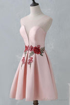 Knee-Length Open Back Pink Satin Homecoming Dress With Appliques