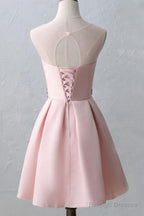 Knee-Length Open Back Pink Satin Homecoming Dresses With Appliques