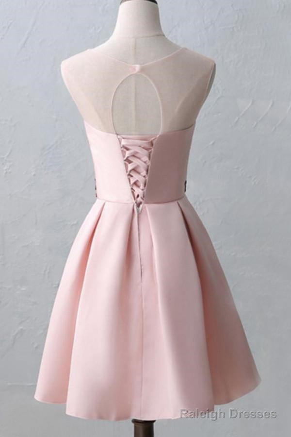 Knee-Length Open Back Pink Satin Homecoming Dresses With Appliques
