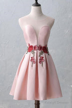 Knee-Length Open Back Pink Satin Homecoming Dresses With Appliques