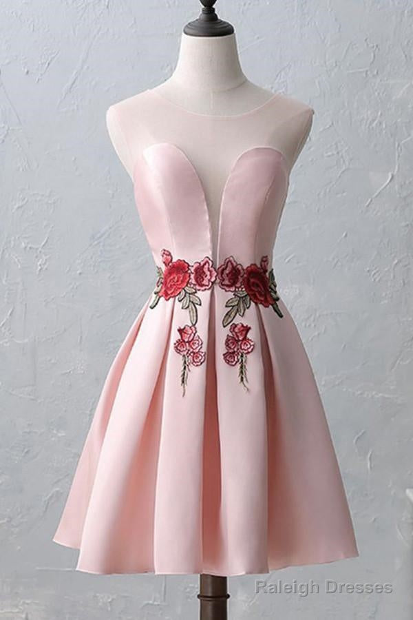 Knee-Length Open Back Pink Satin Homecoming Dresses With Appliques