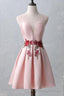 Knee-Length Open Back Pink Satin Homecoming Dresses With Appliques