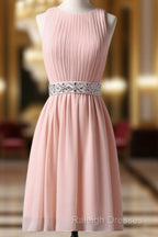Knee-Length Sleeveless Pink Homecoming Dress With Beading Waist