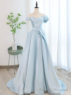 Blue Satin Tulle Long Prom Dress, Off Shoulder Formal Evening Dress