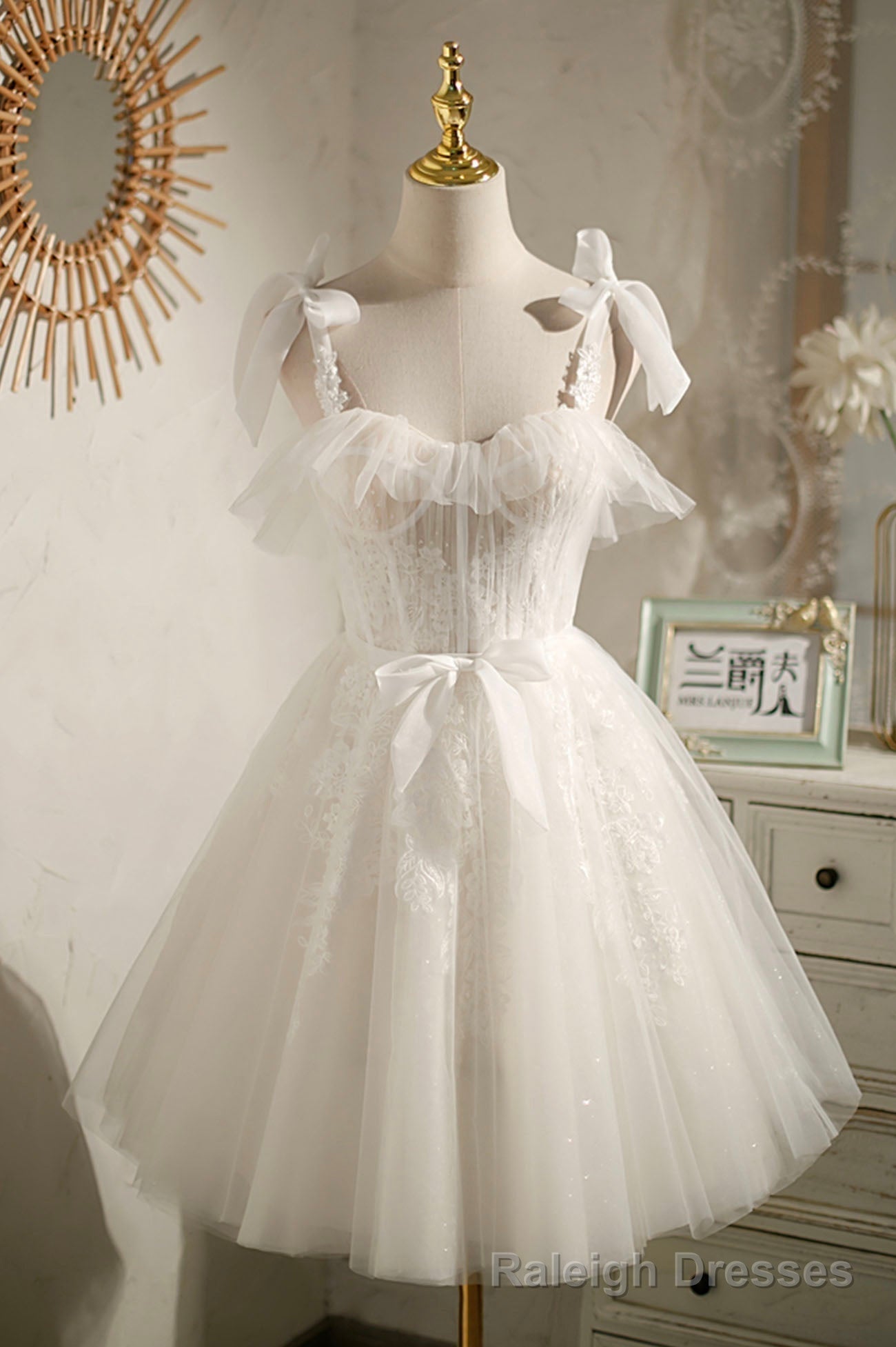 Champagne Tulle Lace Knee Length Prom Dress, Cute A Line Prom Dress Secondary image