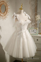 Champagne Tulle Lace Knee Length Prom Dress, Cute A Line Prom Dress