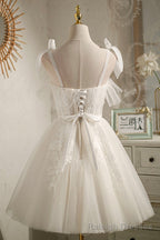 Champagne Tulle Lace Knee Length Prom Dress, Cute A Line Prom Dress
