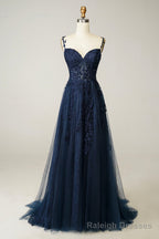 Navy Tulle and Lace Long Prom Dress, Lovely Spaghetti Strap Evening Dress