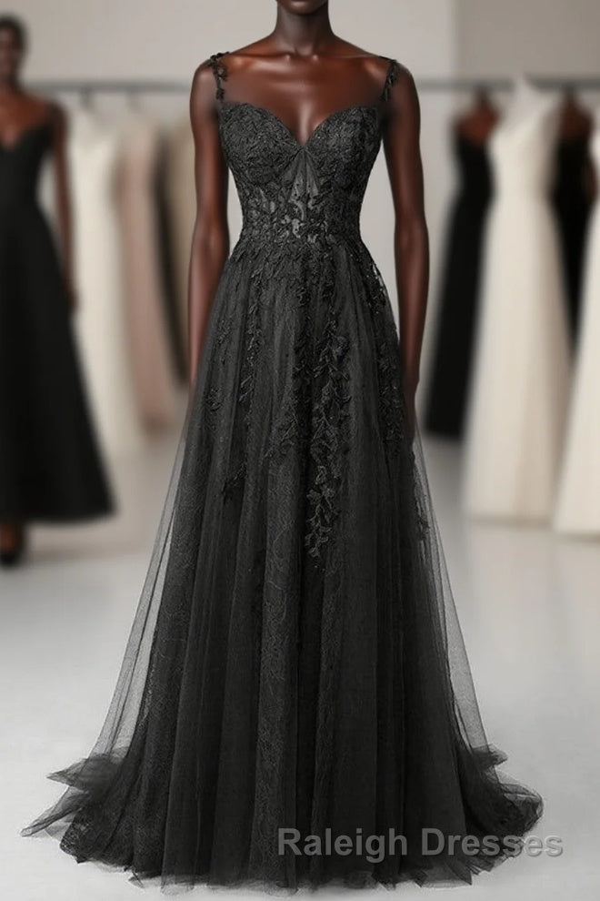 Black Sweetheart Tulle With Lace Long A-Line Prom Dress, Black Formal Dress Main image