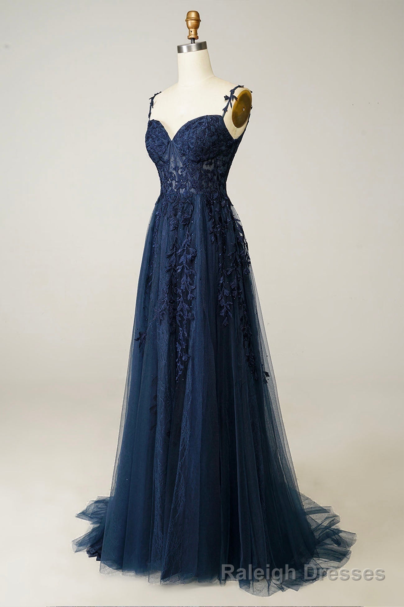 Navy Tulle and Lace Long Prom Dress, Lovely Spaghetti Strap Prom Dress Main image