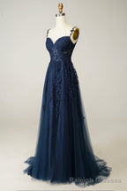 Navy Tulle and Lace Long Prom Dress, Lovely Spaghetti Strap Prom Dress