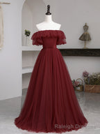Burgundy Tulle Floor Length Prom Dress, Simple A-Line Evening Party Dress