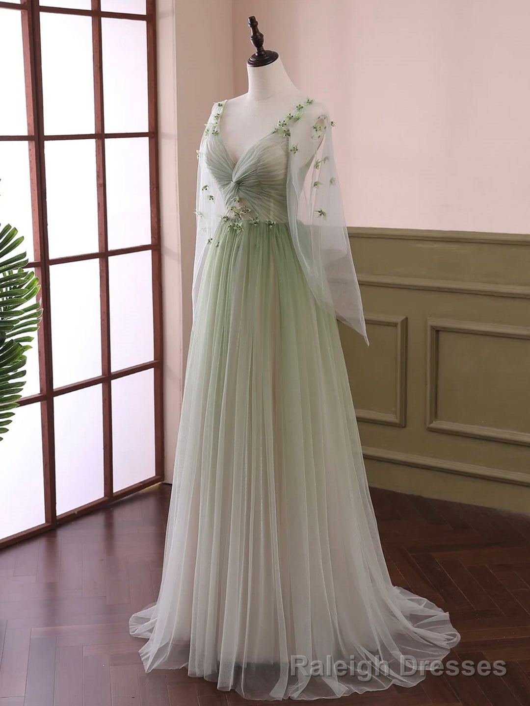 Light Green Tulle Long Sleeve Prom Dress, Green Gradient Floor Length Evening Dress Secondary image