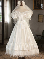 White Satin Lace Short Prom Dress, Off Shoulder Prom Dress, Wedding Dress
