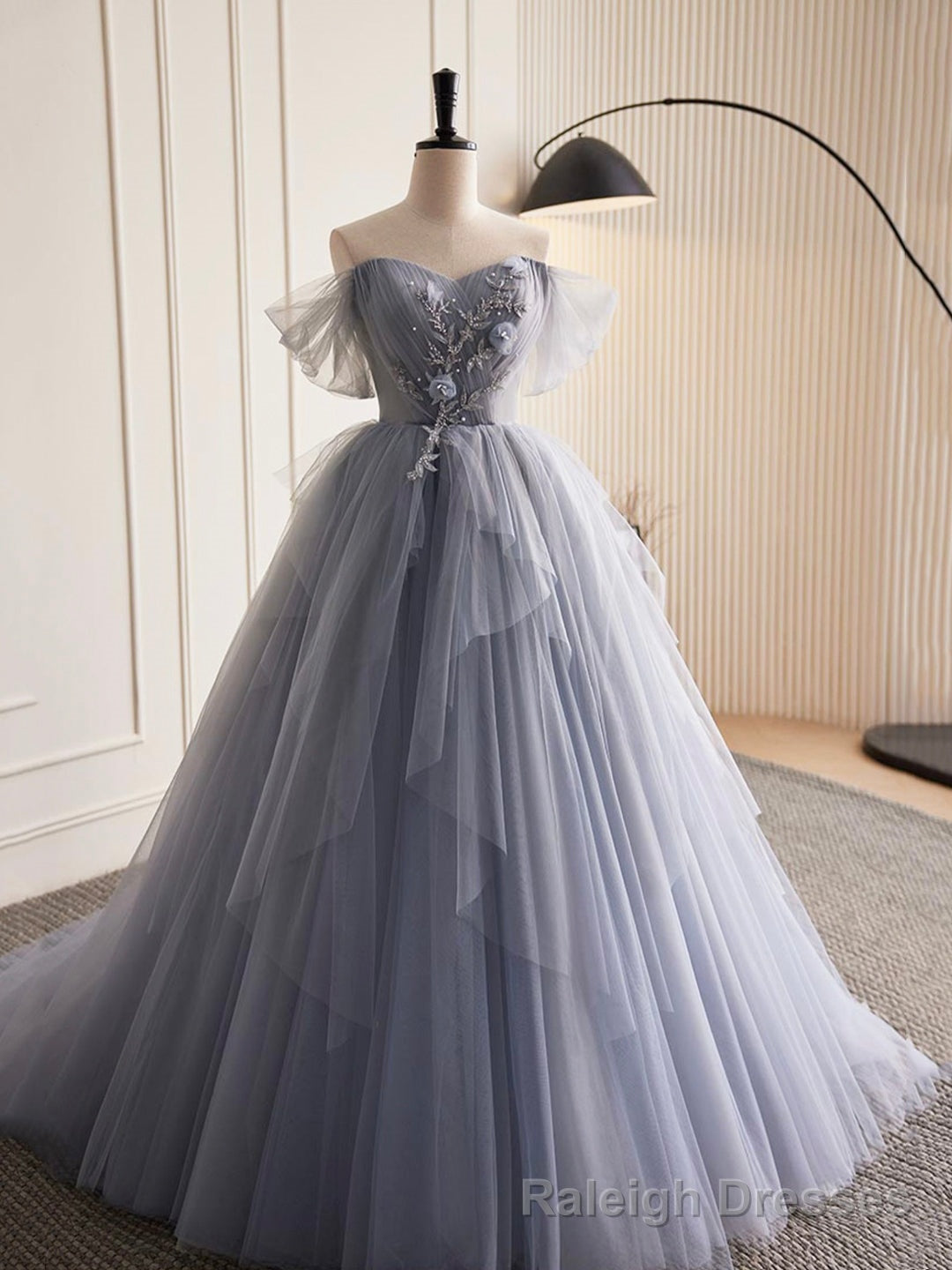 Gray Tulle Long A-Line Prom Dress, Off Shoulder Evening Dress Party Dress Main image
