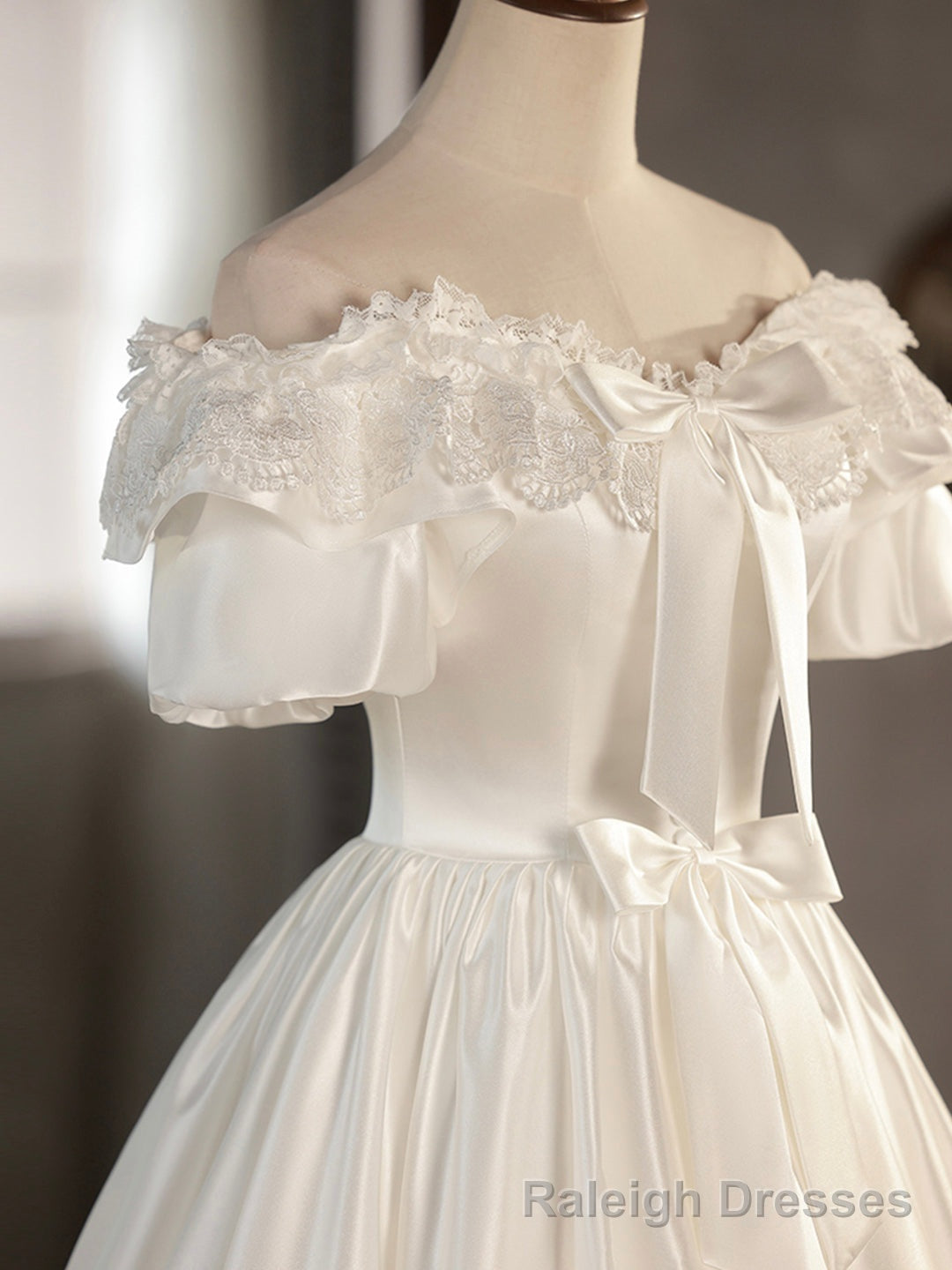White Satin Lace Short Prom Dress, Off Shoulder Prom Dress, Wedding Dress