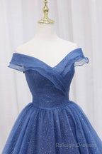 Blue Off the Shoulder Long Party Dress Evening Gown, Blue Junior Prom Dress