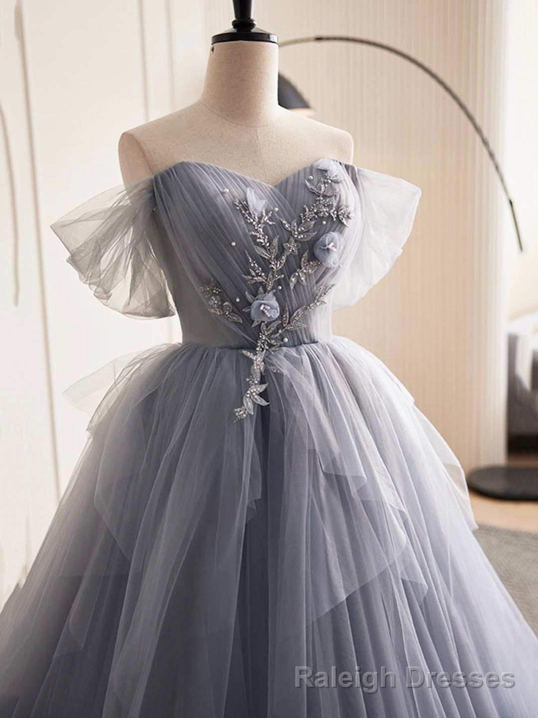 Gray Tulle Long A-Line Prom Dress, Off Shoulder Evening Dress Party Dress Secondary image