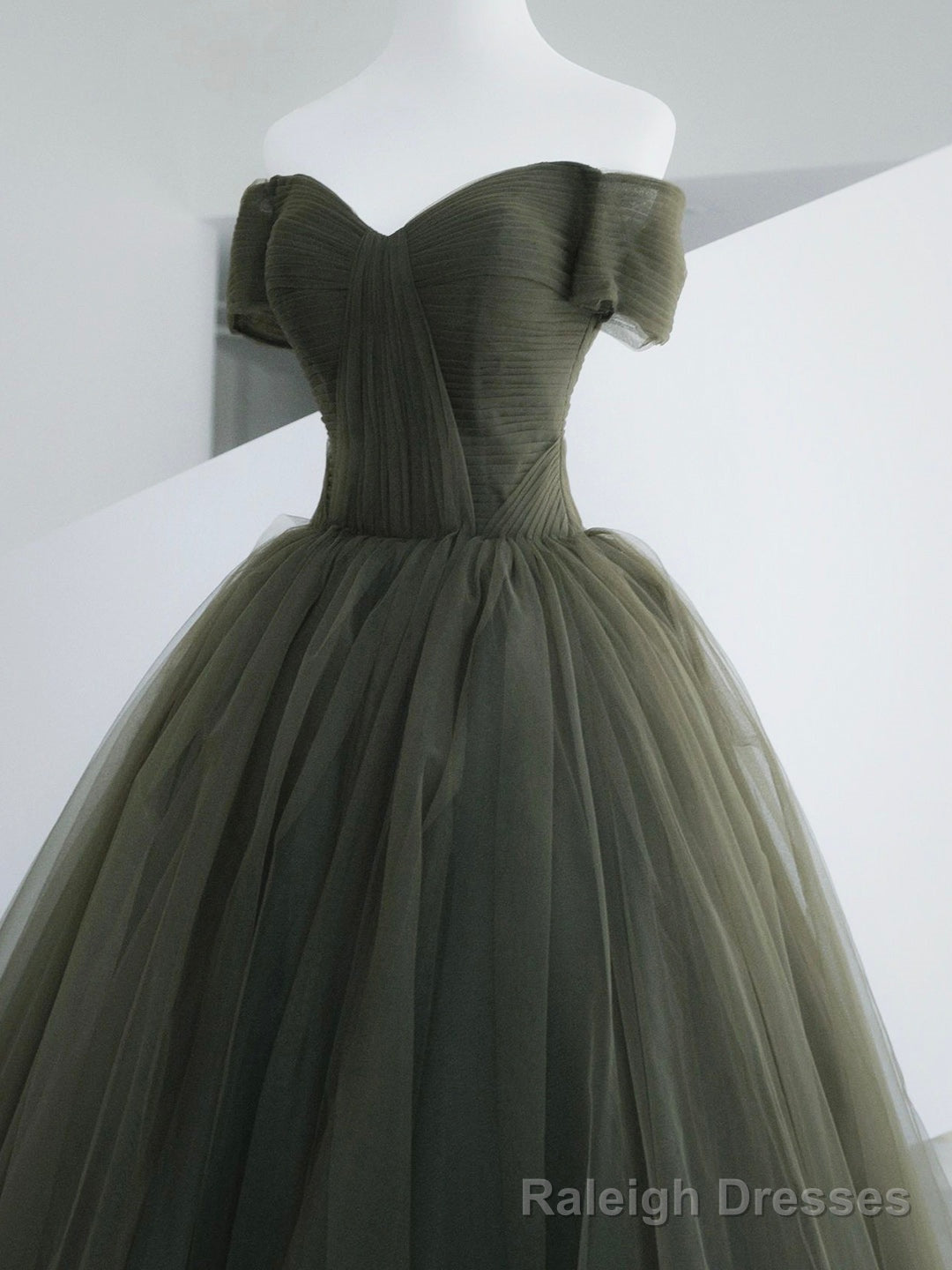 Green Tulle Long Prom Dress, A-Line Off Shoulder Evening Dress