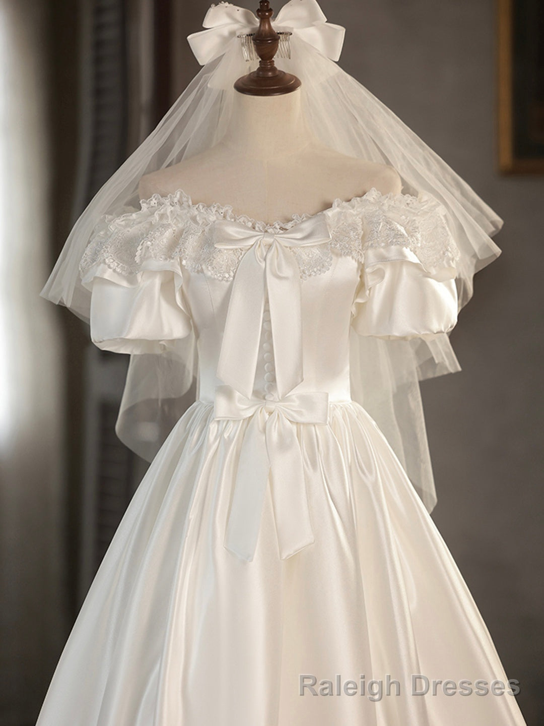 White Satin Lace Short Prom Dress, Off Shoulder Prom Dress, Wedding Dress