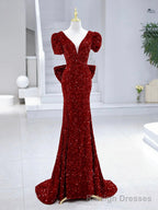 Mermaid Sequins Long Prom Dress, Burgundy V Neck Prom Dress