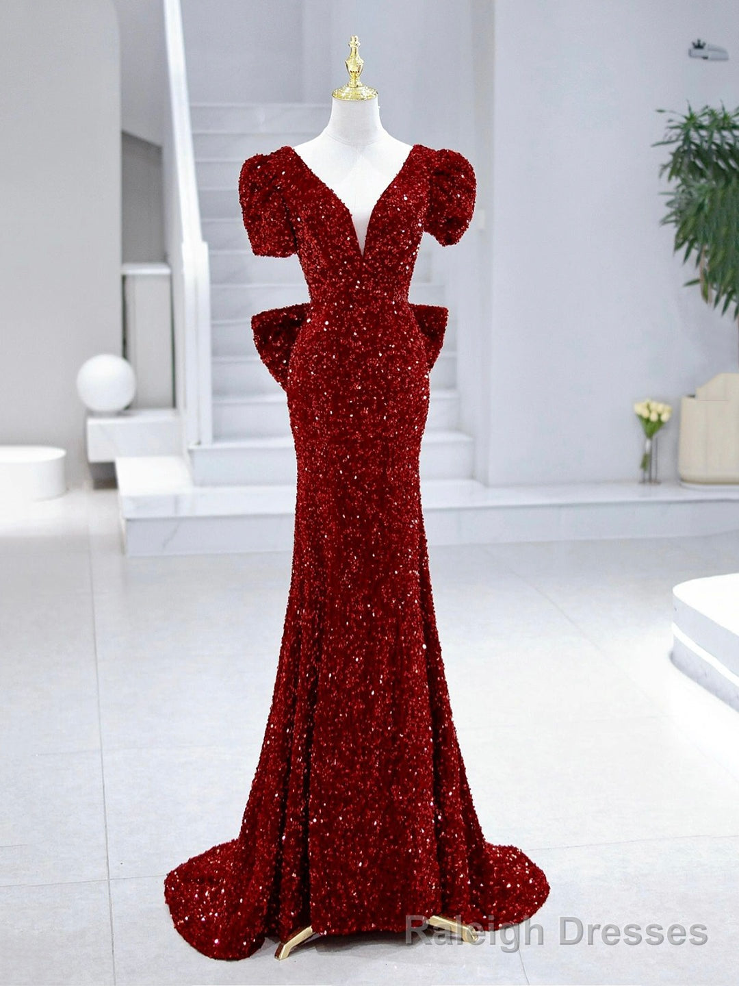 Mermaid Sequins Long Prom Dress, Burgundy V-Neck Evening Dress