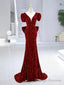 Mermaid Sequins Long Prom Dress, Burgundy V-Neck Evening Dress