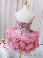 Pink Sweetheart Neckline Tulle Short Prom Dress with Rhinestones, Cute Prom Dress