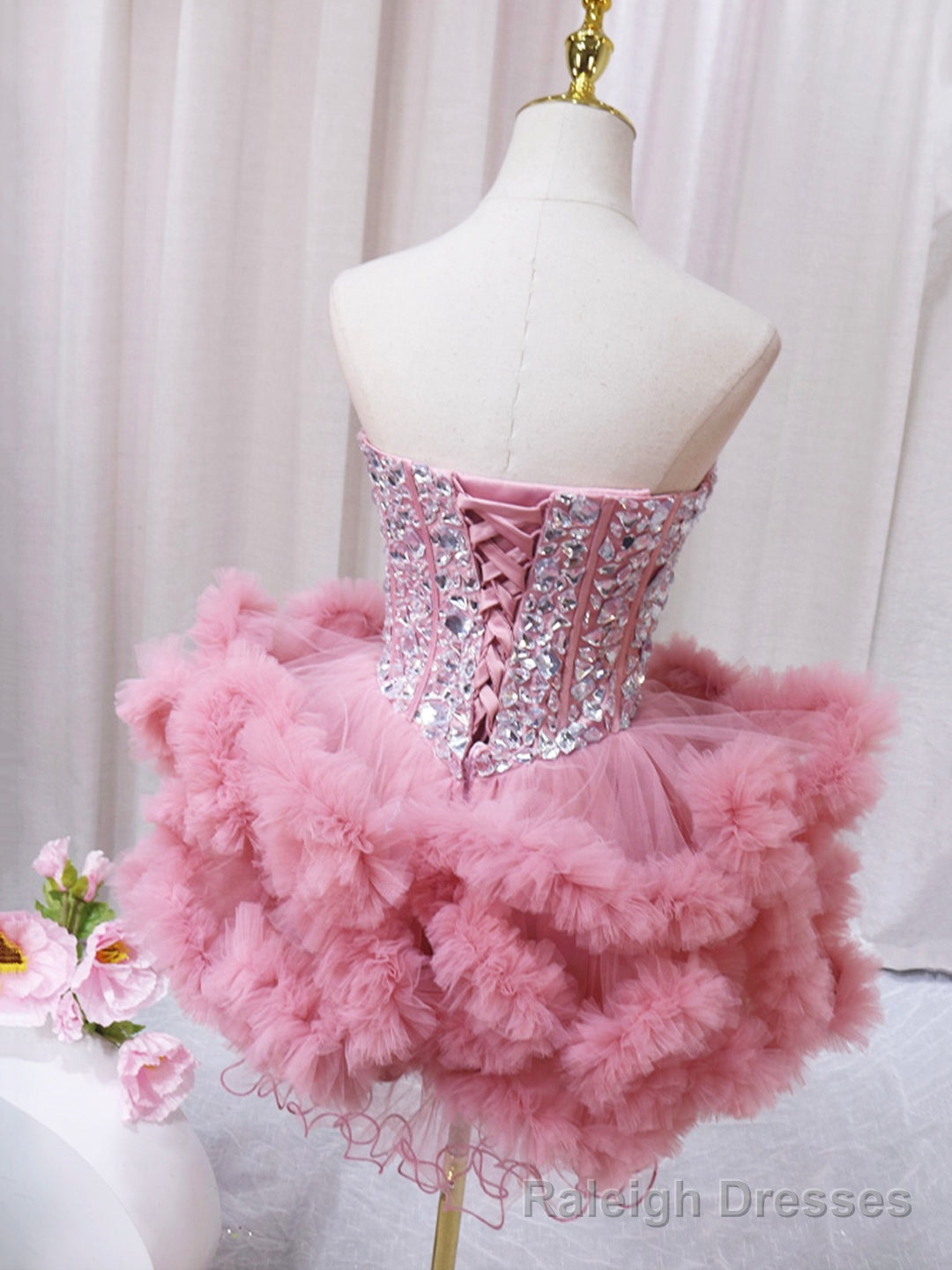 Pink Sweetheart Neckline Tulle Short Prom Dress with Rhinestones, Cute Prom Dress