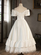 White Satin Lace Short Prom Dress, Off Shoulder Prom Dress, Wedding Dress