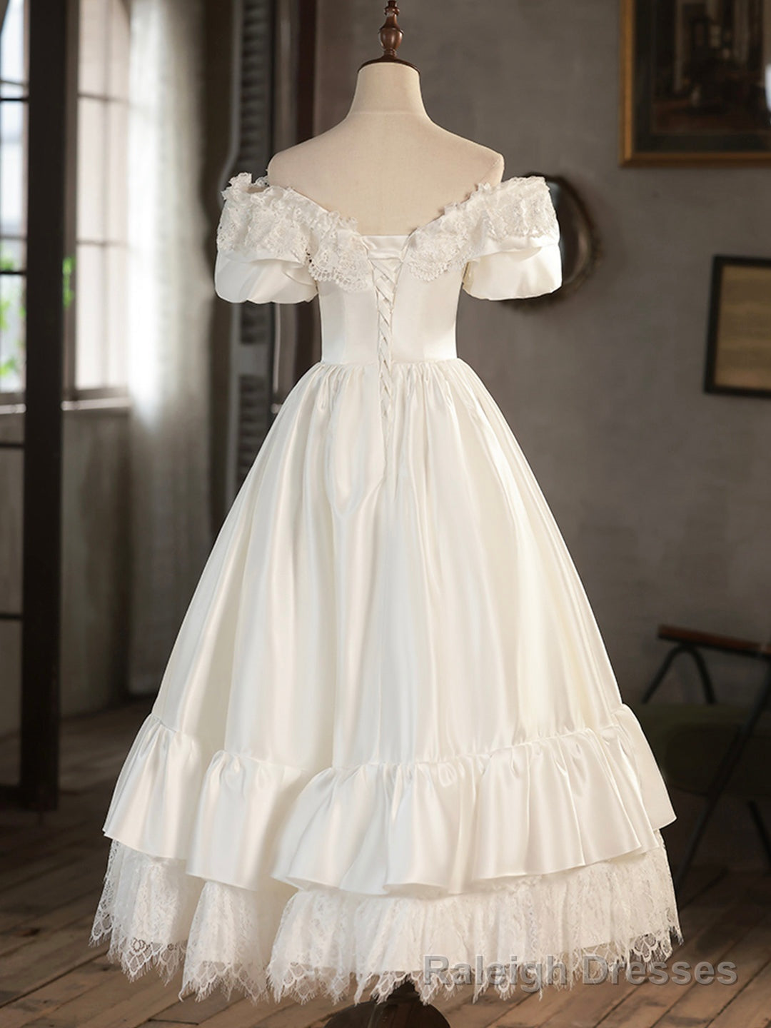 White Satin Lace Short Prom Dress, Off Shoulder Prom Dress, Wedding Dress
