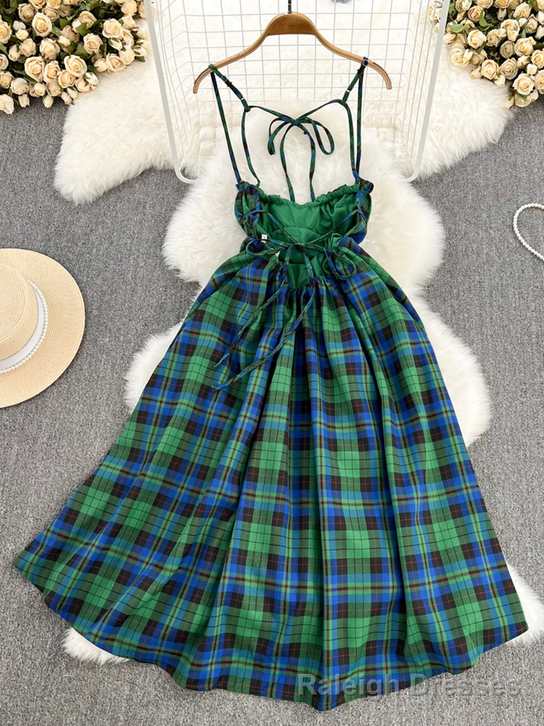 Lovely Green Plaid Halter Dress, A-Line Fashion Dress Secondary image