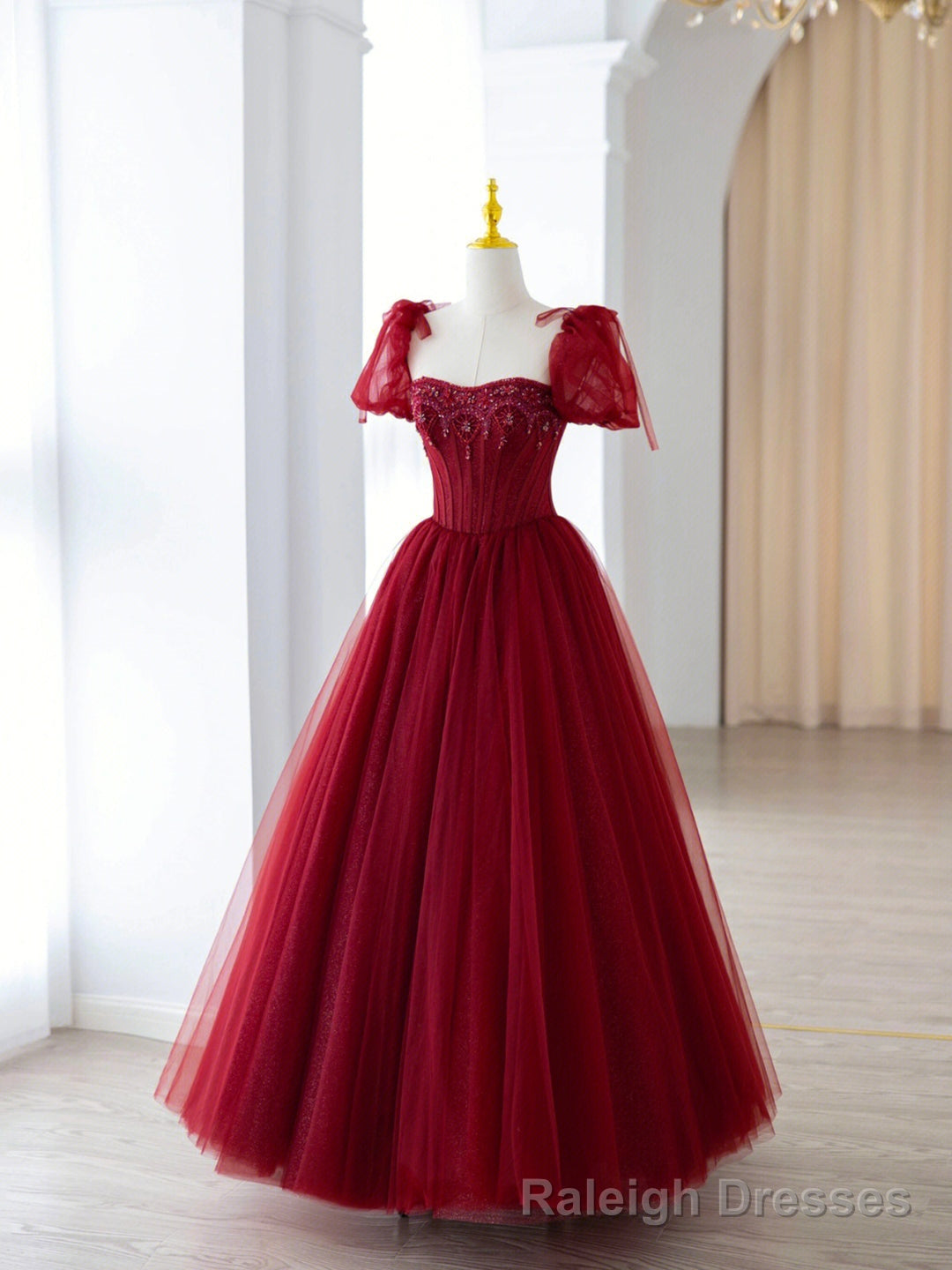 Burgundy Tulle Beaded Long Prom Dress, A-Line Formal Evening Dress Main image