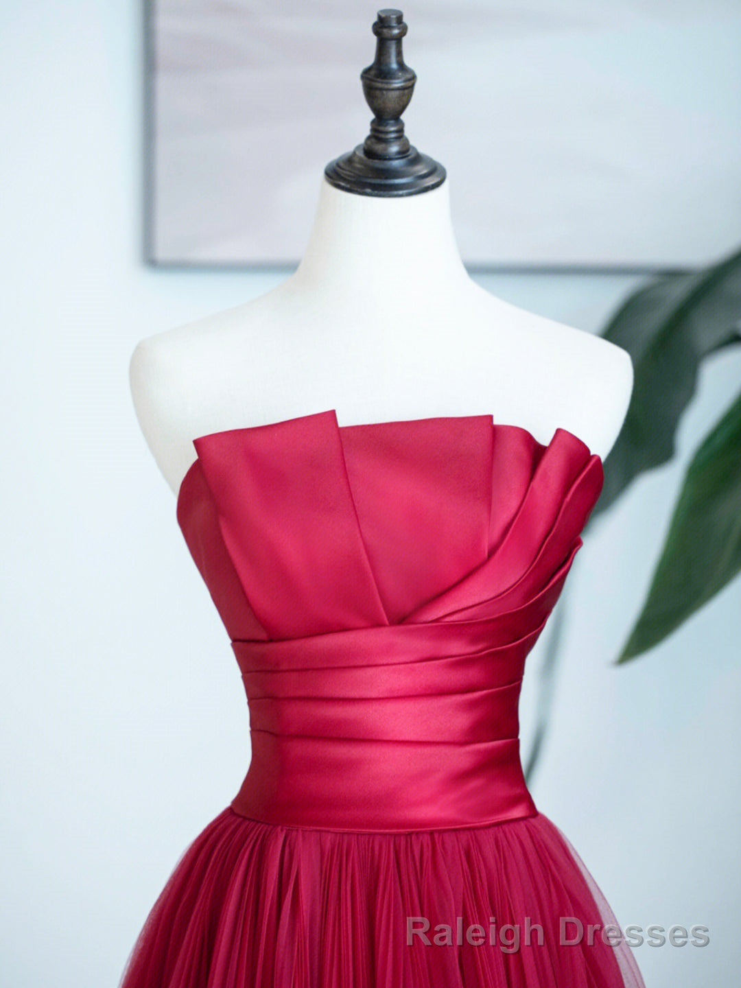 Burgundy Strapless Tulle Prom Dress, Burgundy Long Formal Dress Secondary image