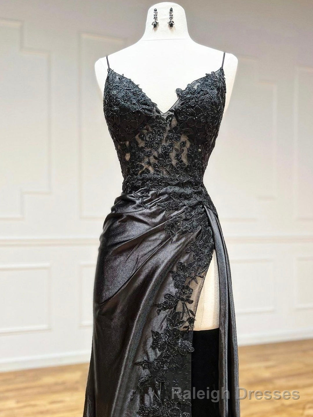 Black V-Neck Satin Lace Long Prom Dress, Black Spaghetti Strap Evening Dress with Slit Secondary image