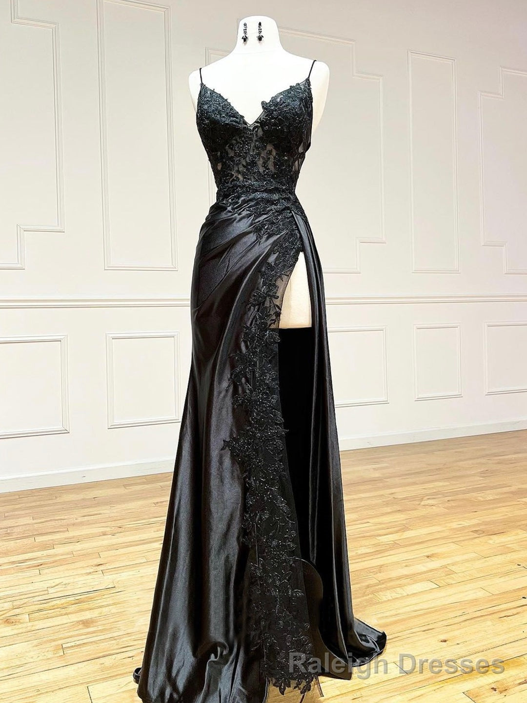 Black V-Neck Satin Lace Long Prom Dress, Black Spaghetti Strap Evening Dress with Slit Main image