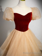 Cute Velvet Tulle Long Prom Dress, A Line Short Sleeve Formal Dress