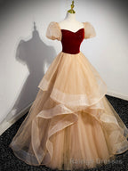 Cute Velvet Tulle Long Prom Dress, A Line Short Sleeve Formal Dress